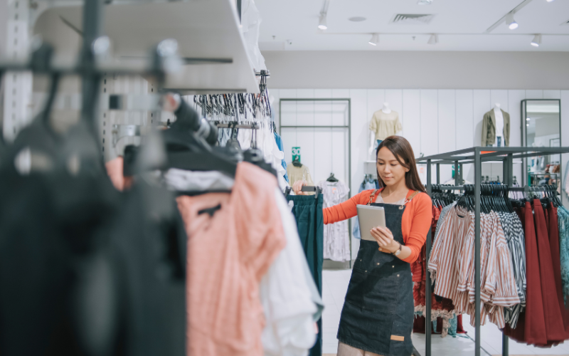 Woman checking stocks digitally at clothing store